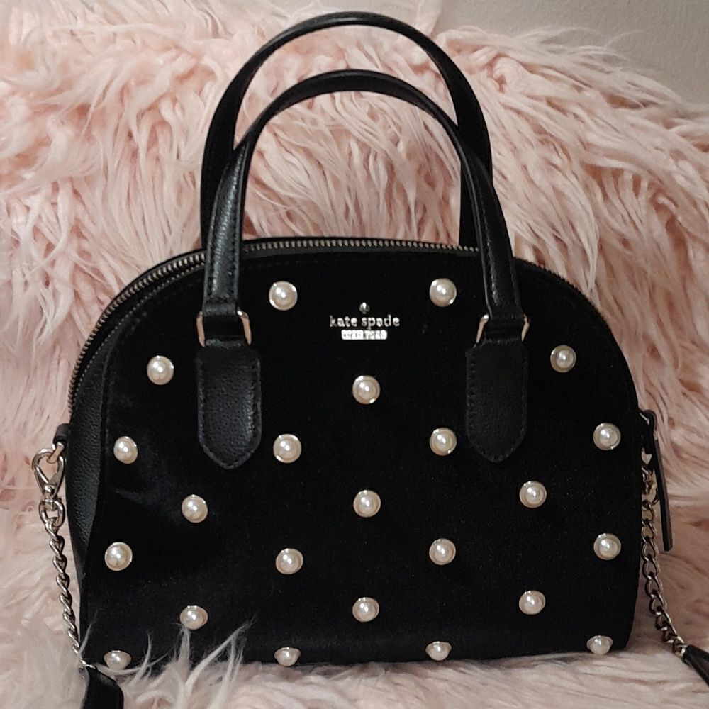 SALE!  KATE SPADE BLACK VELVET & PEARL DOT FESTIVE MEDIUM SATCHEL CROSSBODY BAG